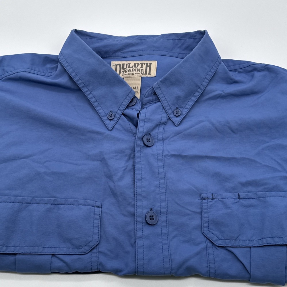Duluth Trading Long Sleeve Button Up Shirt Mens XL Tall Blue Nylon Lightweight
